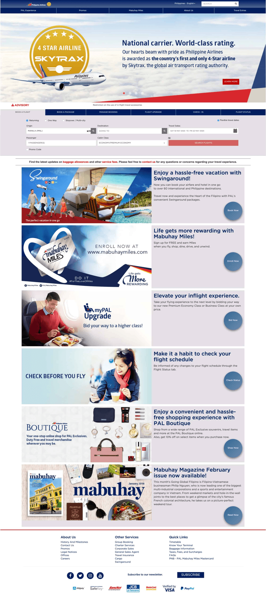 Philippine Airlines homepage before the redesign